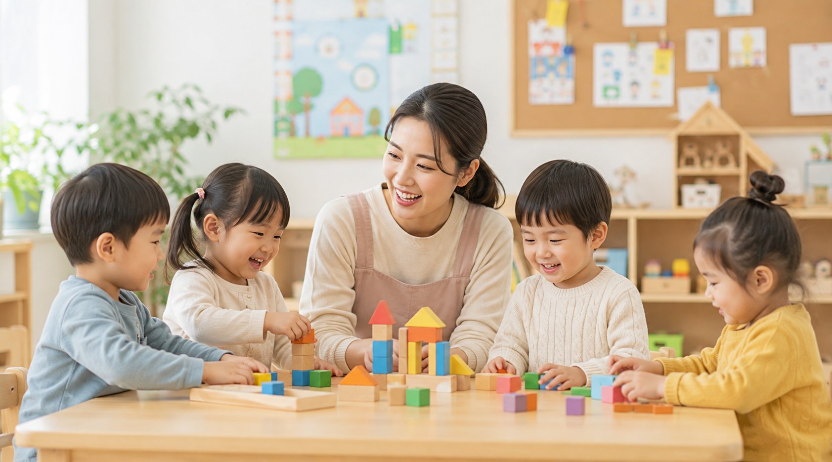 교구를 가지고 아이들과 수업 중인 보육교사